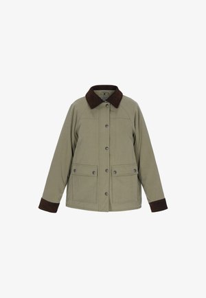 Khaki jacket with brown suede collar and cuffs, featuring front snap closure and two large front pockets. Smooth fabric texture.