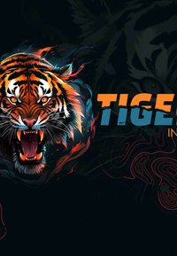 Graphique d'un tigre rugissant avec des rayures orange et noires, des yeux perçants, et des flammes fluides en bleu, rouge et orange sur un fond sombre.