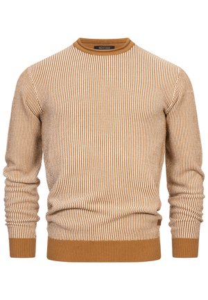 Brown and white striped knit sweater with a round neck, ribbed cuffs, and waistband. Soft texture with a fitted design.