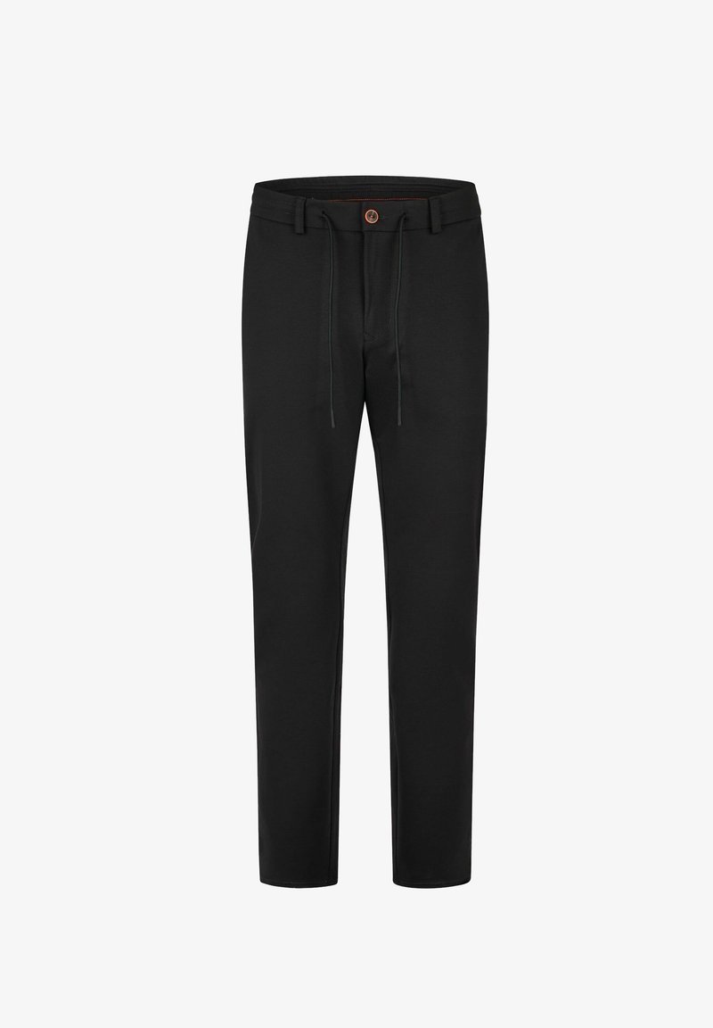 Black slim-fit pants with belt loops, front button, zipper, and adjustable drawstring at waistband.