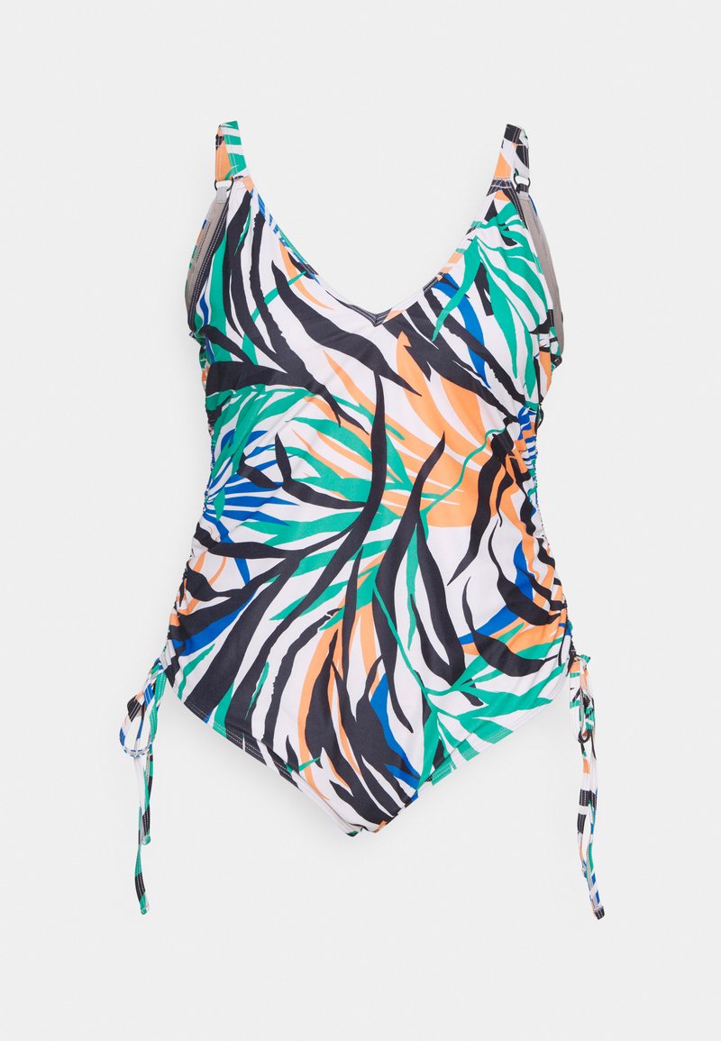 Maiô de uma peça com decote em V, apresentando um vibrante padrão de folhas tropicais em verde, preto, laranja e azul. Laços laterais ajustáveis.