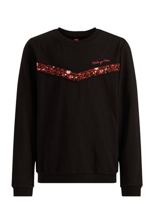Sweatshirt noir à manches longues avec un chevron imprimé léopard rouge et noir sur la poitrine et le texte rouge "Make your Move" sur le côté supérieur gauche.