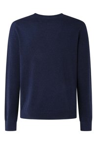 Maglione a maniche lunghe blu navy con scollatura rotonda, polsini e orlo a coste. Tessuto liscio con un colore solido e senza motivi visibili.