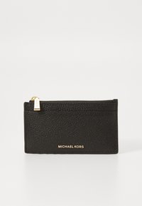 Black leather card holder with a textured finish, zippered pocket, and gold hardware; features embossed logo on the front.