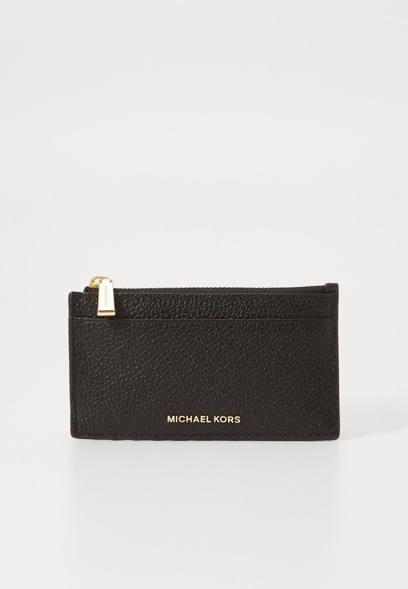 Black leather card holder with a textured finish, zippered pocket, and gold hardware; features embossed logo on the front.