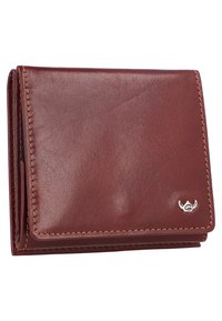 Brown leather wallet with a smooth texture, folded design, and contrasting stitching. Features a small metal logo on the bottom right corner.