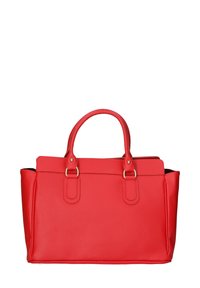 Rode leren handtas met twee bovenhandvaten, textuur oppervlak en contrasterende stiksels. Voorzien van een ritssluiting en een ruime binnenkant.