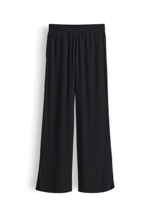 Schwarze Hosen mit weitem Bein, elastischem Bund und seitlichen Taschen aus leichtem, fließendem Stoff.