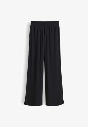 Schwarze Hosen mit weitem Bein, elastischem Bund und seitlichen Taschen aus leichtem, fließendem Stoff.