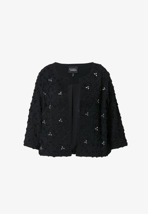 Sort cardigan med tekstureret stof, blomsterapplikationer og perler. Åben frontdesign, ¾-lange ærmer.