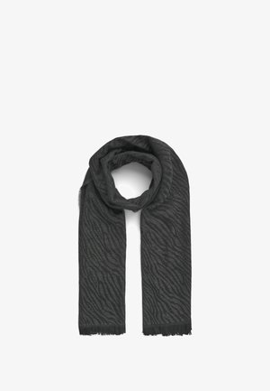 Sciarpa nera con un motivo a strisce zebra testurizzate. Realizzata in materiale morbido, con bordi sfrangiati e design a cerchio.