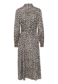 Langärmliges Midikleid mit Leopardenmuster, tailliertem Bund und geknöpften Manschetten, von hinten auf weißem Hintergrund gezeigt.