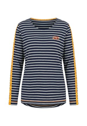 Marineblaues langärmeliges Shirt mit weißen horizontalen Streifen, orangefarbenen Akzenten an Ärmeln und Saum und kleinem orangem Logo auf der linken Brust.