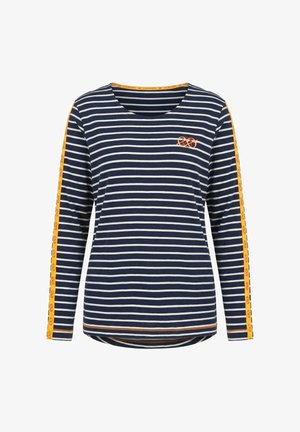 Chemise bleu marine à manches longues avec des rayures horizontales blanches, des accents orange sur les manches et l'ourlet, et un petit logo orange sur la poitrine gauche.