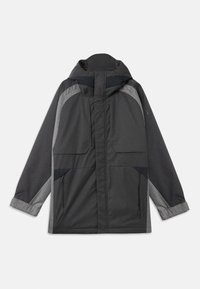 Mörkgrå vattentät jacka med huva, med ljusgrå detaljer och två framfickor. Tillverkad av slitstarkt, strukturerat tyg.