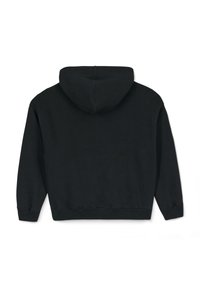 Haut à capuche noir avec cordon de serrage, poignets et ourlet côtelés, fabriqué à partir d'un tissu doux. Présente un design épuré sans détails supplémentaires.