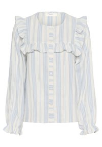 Blusa a maniche lunghe in tessuto leggero. Presenta righe verticali blu e bianche, yoke arricciato, chiusura frontale a bottoni e polsini elasticizzati.