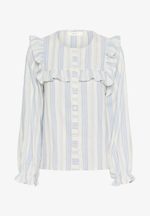 Langarmblouse van lichtgewicht stof. Kenmerkt zich door blauwe en witte verticale strepen, een gerimpelde schouderpas, knoopsluiting aan de voorkant en elastische manchetten.
