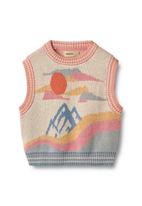 Maglione senza maniche lavorato a maglia con una base color naturale, caratterizzato da un motivo di montagne e sole con accenti in rosa, arancione, blu e giallo.