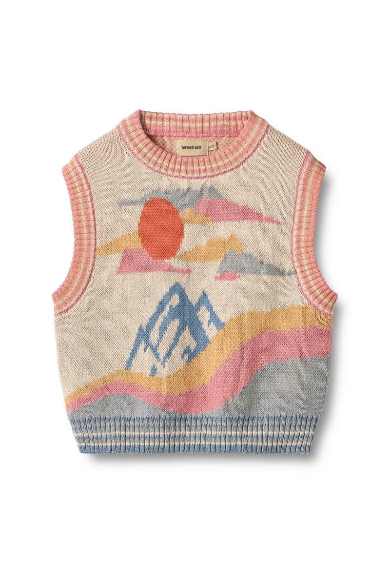 Maglione senza maniche lavorato a maglia con una base color naturale, caratterizzato da un motivo di montagne e sole con accenti in rosa, arancione, blu e giallo.