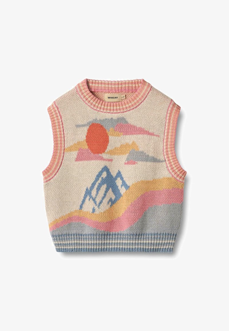 Gebreide mouwloze trui in een natuurlijke basiskleur, met een patroon van bergen en een zon in roze, oranje, blauw en gele accenten.