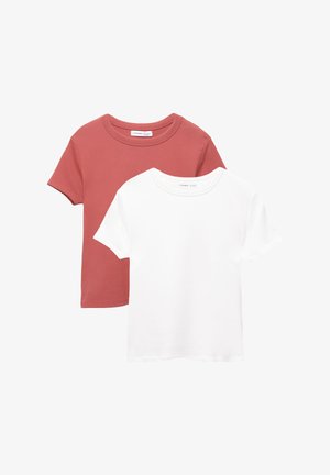 Two short-sleeve T-shirts; one in terracotta with a round neck, and one in white. Both feature a soft cotton material.
