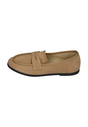 Light brown suede loafer with black sole and strap detail across the top, viewed from the side on a white background.