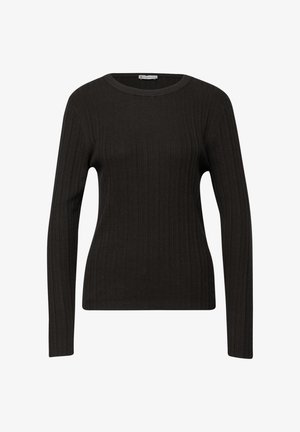 Tumma, ribbineuloksinen pitkähiha-neule pyöreällä pääntiellä. Pehmeää neulosta, kapeahko malli, jossa pystysuora tekstuuri ja minimaalinen yksityiskohdistus.