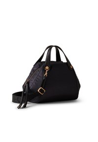 Black textured handbag with dual leather handles, gold-tone hardware, zipper closure, and adjustable fabric shoulder strap against white background.