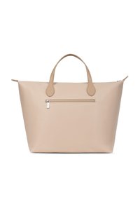 Borsa tote beige con due manici, una tasca frontale orizzontale con zip e un design liscio e minimalista.