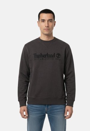 Uomo in piedi di fronte, indossa una felpa Timberland scura con logo e jeans blu su uno sfondo chiaro e uniforme.