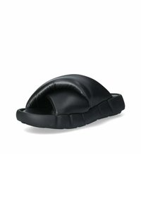 Sandalo slip-on nero con una parte superiore imbottita e design aperto sulla punta. Presenta una suola spessa con accenti texture per presa e comfort.