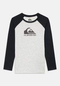 Long-sleeve shirt with gray body and navy blue raglan sleeves; features a Quiksilver logo in dark gray on the chest.