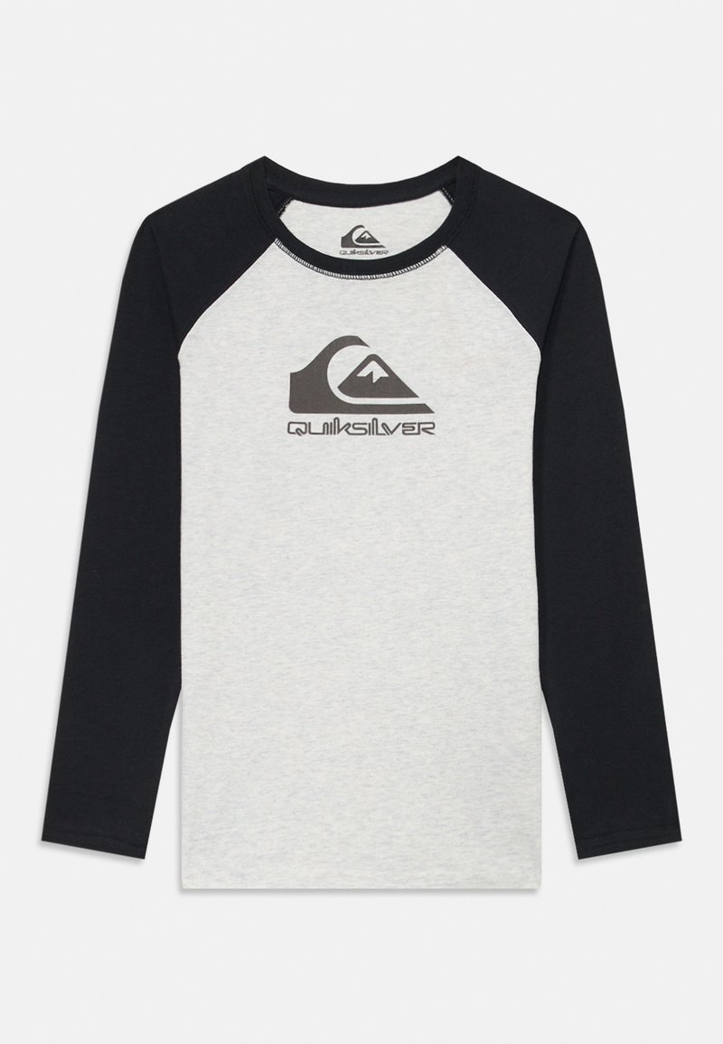 Long-sleeve shirt with gray body and navy blue raglan sleeves; features a Quiksilver logo in dark gray on the chest.