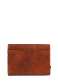 Brown leather wallet with a textured surface, rectangular shape, and a horizontal closure. Features visible stitching and minimal detailing.