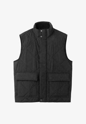 Crna prošivena prsluk bez rukava s visokim ovratnikom, kopčanjem na pritisne kopče i dva prednja džepa s klapnom.