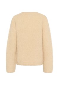 Beige, flauschiger Pullover mit lässiger Passform, rundem Ausschnitt und langen Ärmeln. Weiche Textur ohne sichtbare Muster oder Akzente.