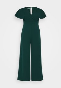 Groene jumpsuit met een wikkelontwerp, brede benen, vlindermouwen en een sleufjesrug, gemaakt van gladde stof met een matte afwerking.