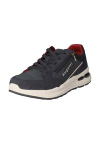 Dark navy athletic shoes with a suede and fabric upper, featuring a red interior, lace-up closure, and a zippered side pocket.