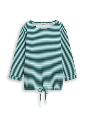Gestreiftes Langarmoberteil in Türkis und Weiß mit rundem Ausschnitt, Bindeband am Saum und zwei Knöpfen an der Schulter. Weiche Stofftextur.