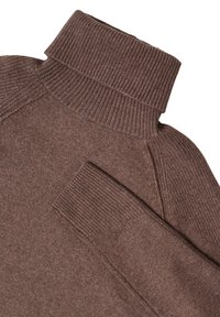 Pull en maille marron à col roulé avec col et poignets côtelés. Caractéristiques d'une texture douce et d'une coupe décontractée, mettant en valeur un design sans couture.