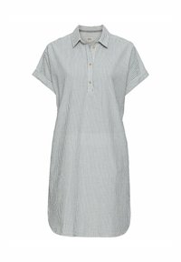 Gestreiftes Hemdkleid mit kragenähnlichem Ausschnitt, kurzen Ärmeln, Knopfblende und Seitenschlitzen. Hauptfarben sind hellblau und weiß.