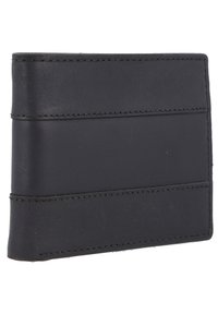 Portefeuille en cuir noir au design simple, avec une texture lisse et des accents de couture horizontale. Forme rectangulaire compacte, minimaliste.