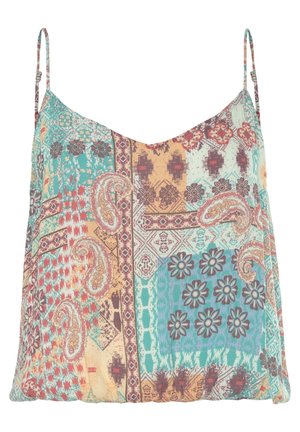 Hihaton toppi ohuilla olkaimilla, jossa monivärinen tilkkutäkki, jossa on kukka-, paisley- ja geometrisia kuvioita teal-, beige-, punaisen ja ruskean sävyissä.