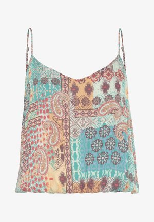 Top bez rękawów z cienkimi ramiączkami, z kolorową łączoną tkaniną o wzorach kwiatowych, paisley i geometrycznych w odcieniach turkusu, beżu, czerwieni i brązu.