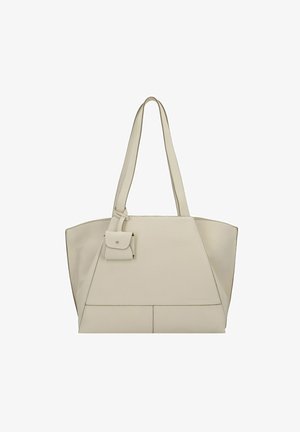 Beige vegan leather tote bag with structured shape, elongated handles, and a small front pocket with a flap closure. Textured finish.