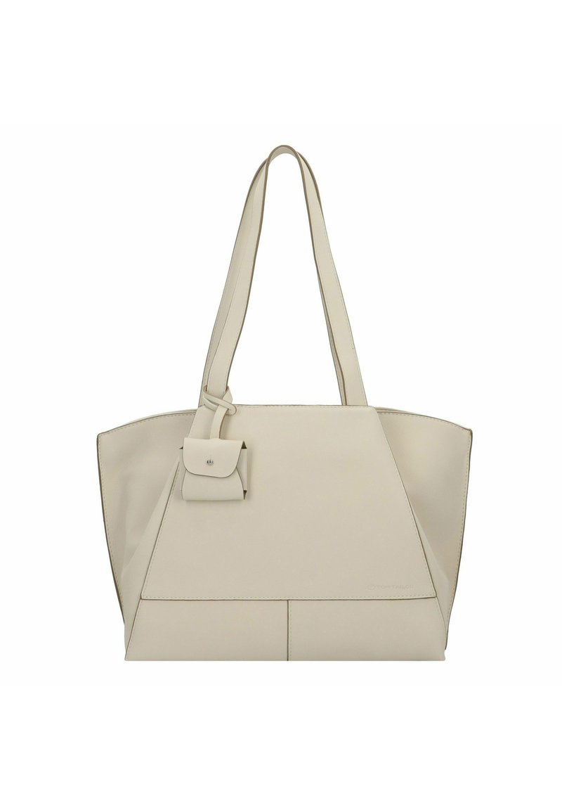 Beige vegan leren tote bag met een gestructureerde vorm, verlengde handvatten en een klein voorvak met een klep sluiting. Gelaagde afwerking.