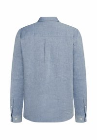 Langærmet skjorte i lyseblåt stof med en struktureret overflade, udstyret med en rygslids, knapmanchetter og en klassisk krave.
