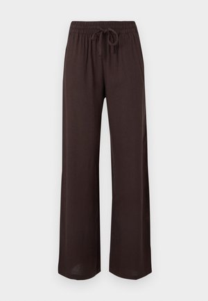 Dark brown wide-leg pants with an elastic waistband and drawstring front, displayed on a plain light background.
