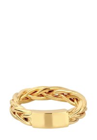 Goldene geflochtene Ring mit einer glatten flachen Fläche auf einer Seite, einem komplizierten Flechtmuster und einem polierten Finish.